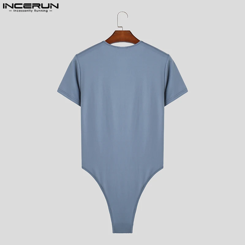 INCERUN 2023 seksowny styl nowe męskie kombinezony z krótkim rękawem solidne wygodne body modne trójkątne kombinezony z okrągłym dekoltem S-5XL