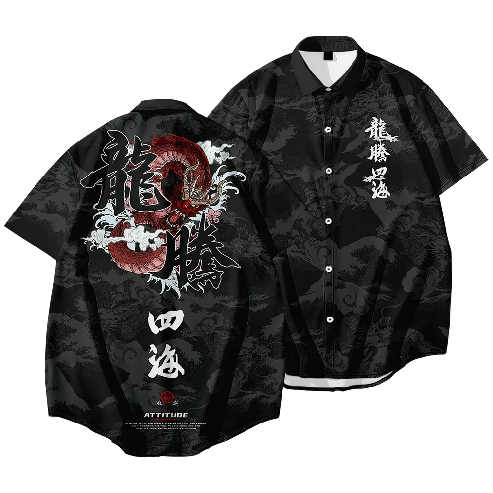 

​​2025 Men's Harajuku Dragon Tiger Shirt Black Ethnic Print Oversized Short Sleeve Hawaiian Streetwear​