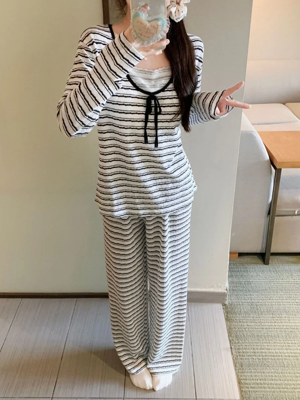 Y2K Harajuku style spicy girl blue stripe with chest cushion pajama set autumn/winter home wear women's long sleeved pants set