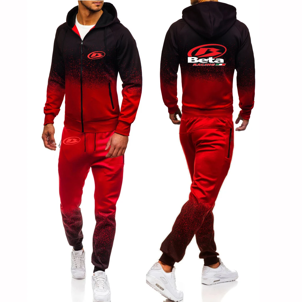 2023 Man's New Autumn Beta Racing Motocross Motorcycle Logo Print Gradient Color Hooded Sweatshirt+Sport Drawstring Trousers Set