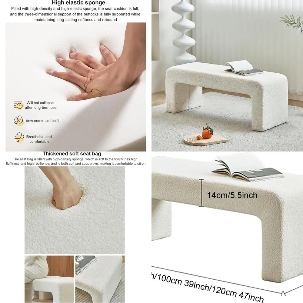 Modern U Shaped Ottoman Bench, Upholstered Sherpa Fabric End of Bed Bench, Boucle Entryway Bench & Dining Bench, Comfy Footrest