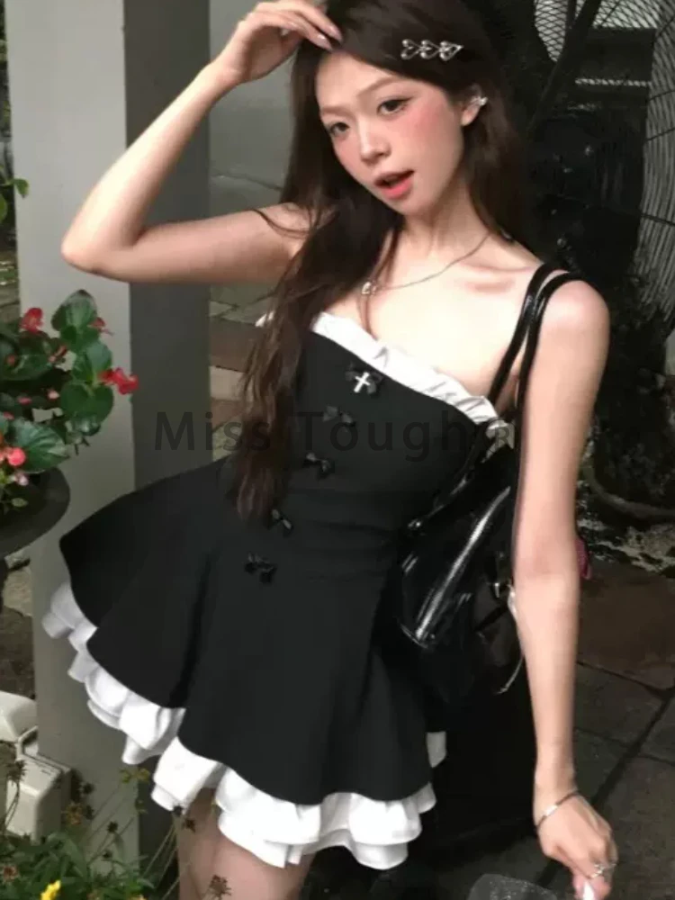 Summer American Y2k Sexy Mini Dress Women Bow Vintage Chic One Piece Dress Female Solid Elegant Slim Sleeveless Dress New 2024