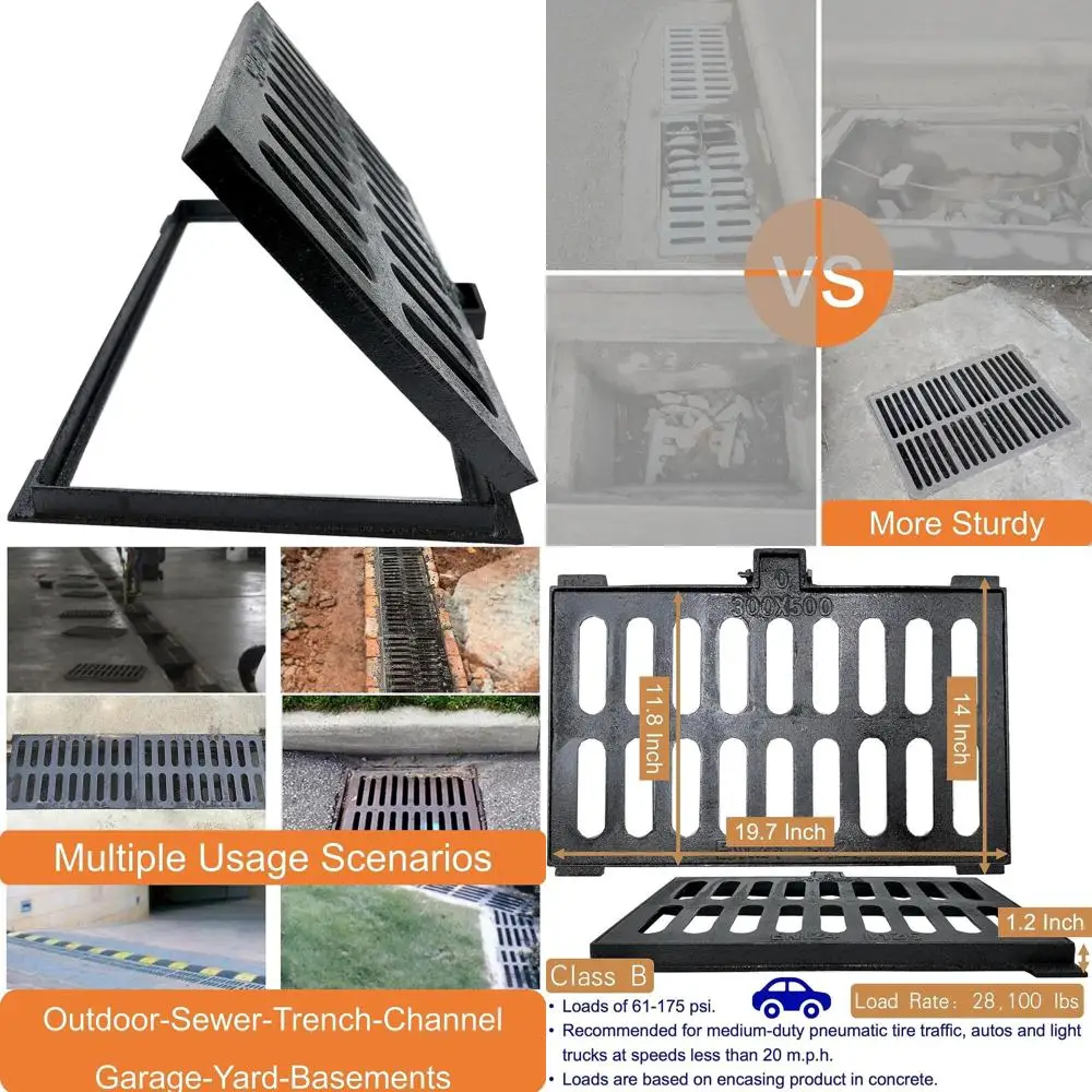 Heavy-Duty 20x12 in Outdoor Trench Drain Grate with Base, Cast Iron Driveway Channel Cover