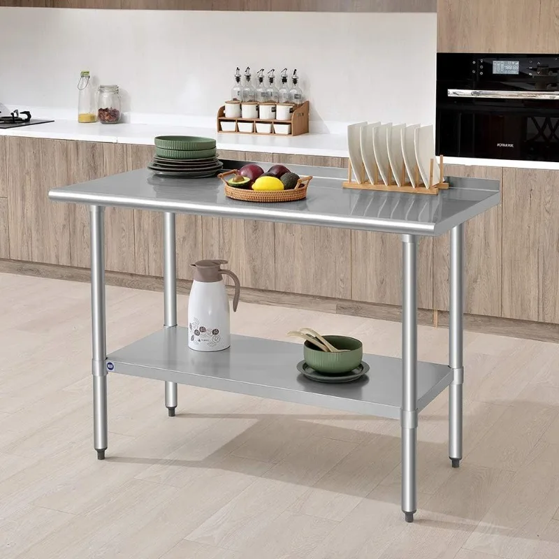 ROCKPOINT-Table en acier inoxydable avec dosseret 48x24, table de cuisine commerciale en métal NSF avec étagère et pied réglables