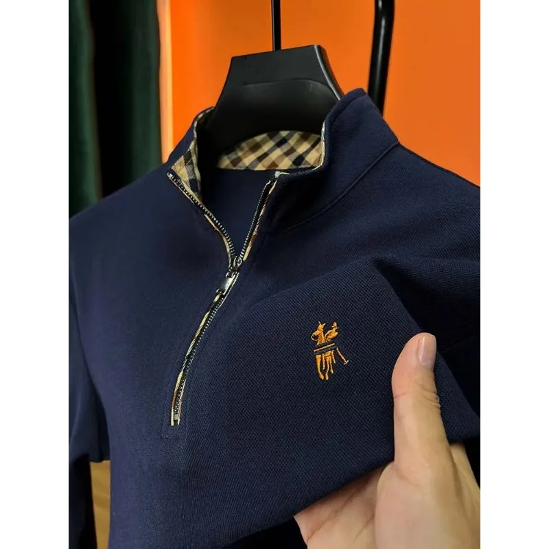 100% Cotton Autumn Men\'s Brand Embroidered Fashion Lapel Polo Shirt Business Long-sleeve Casual Solid Color Zipper Design Top