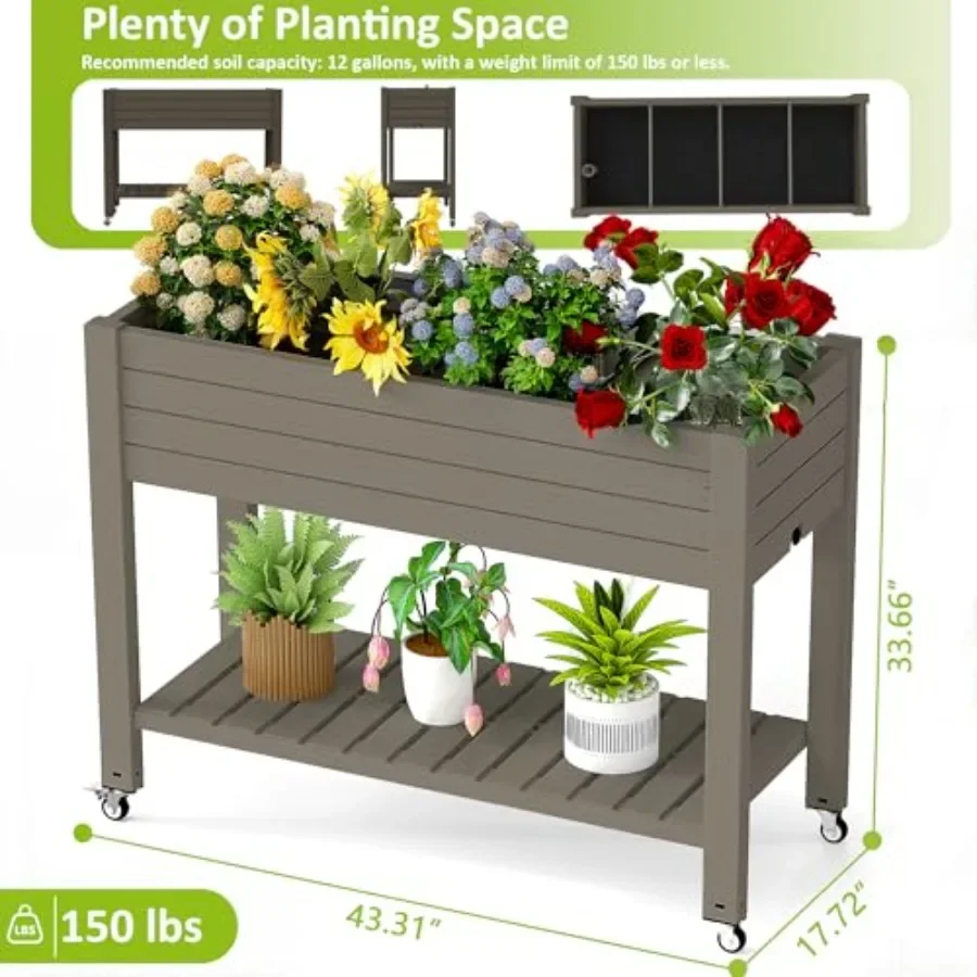 Raised Garden Bed with Legs, 33.66" Tall Self-Watering Resin Planter Box with Lockable Wheels Drainage Plug and Gauge for Veget view 2