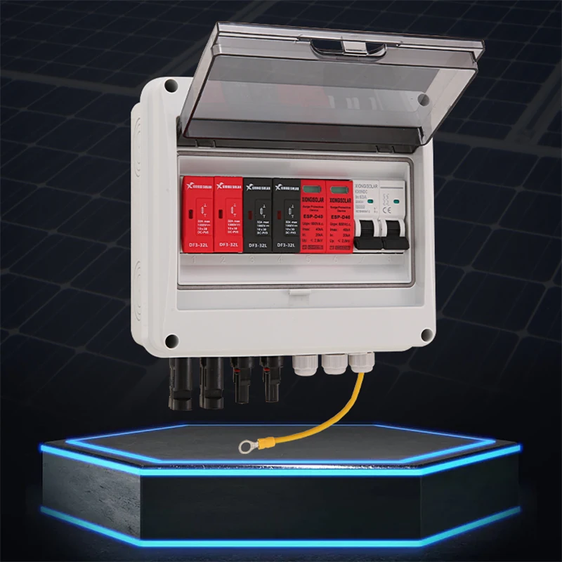 XIONGISOLAR Outdoor Waterproof IP65 DC Combiner Box for solar panel 2 in 1 out 600V Solar Surge Lightning Protection
