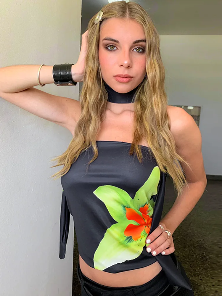 

Female Print Strapless Ribbon Top Shirts Tee Lady Ins Chic Mini Short Crop Tops Camis Trendy Black Nightwear Gothic Punk Tees