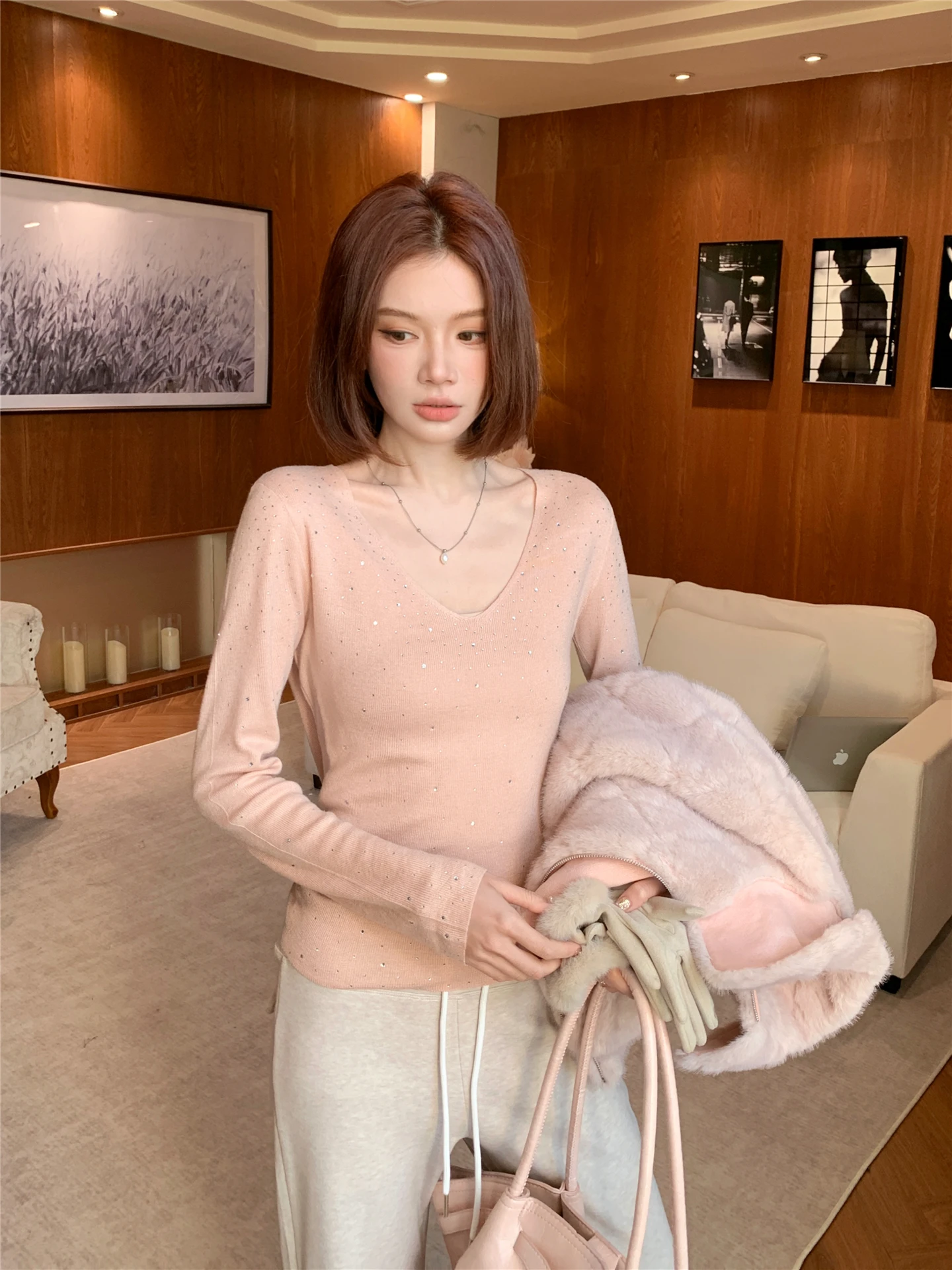 

Women's Long Sve Knitted Wool Blend Base irt Slim Fit Diamond Embellied Soft Korean Sle Commute Faion Winter Warm