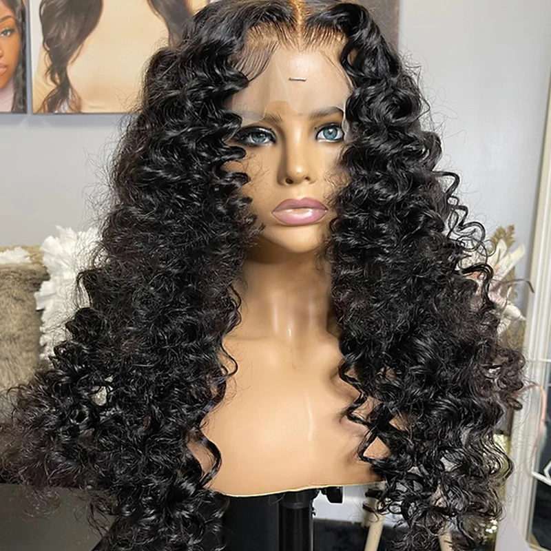 Wig Depan Renda Gelombang Dalam Longgar Wig Rambut Manusia Campuran Wig Keriting Depan Renda Sintetis Tahan Panas untuk Wanita 180% Penggunaan Sehari-hari