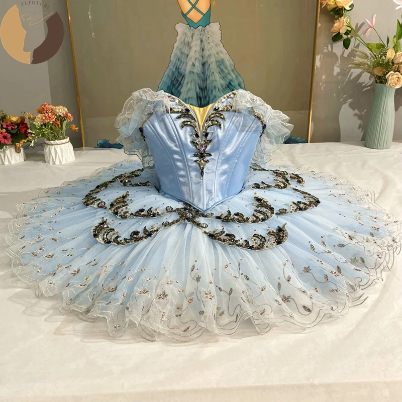 

FLTOTURE Classical 12 Layers Professional Tutu Skirt Girls Ballet Bluebird Competition Sky Blue Pancake Lace Dress Custom Made