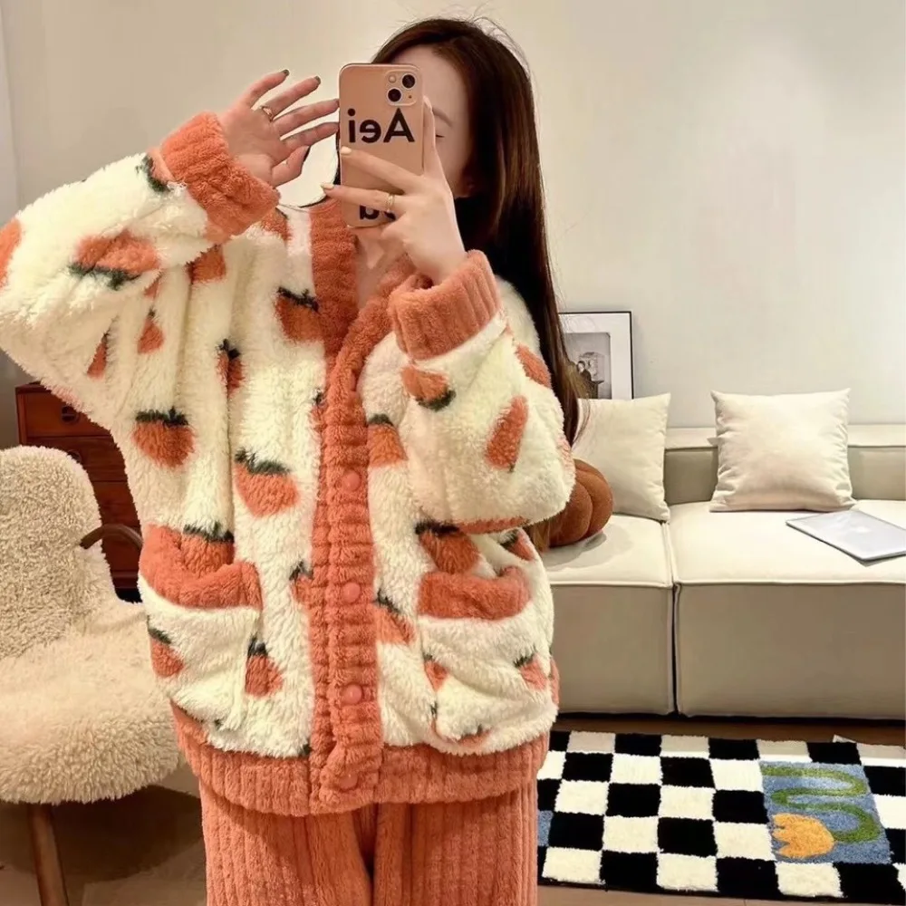 Thickened Warm Flannel Women's Sleepwear Casual Wear Cardigan Set Winter Sweet and Soft Fairy Style Women's Sleepwear Home Wear