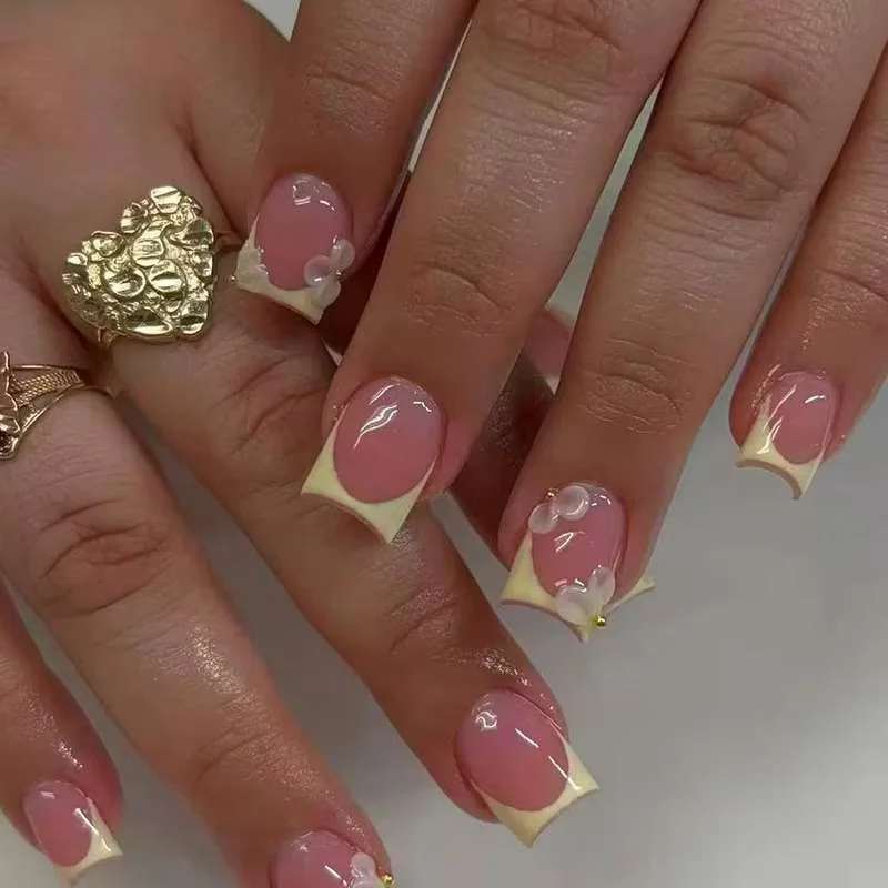 24pcs French Fake Nail Pink Smudge Tips Press on Nails Spring Summer Flower Pearl Design Nails Short Square Ballet False Nail