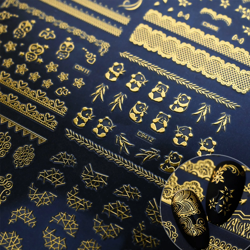 3d adesivos com flor dourada e rendas para decoração de unhas, decalque auto-adesivo, geometria, linha, para nail art, diy, 30pcs