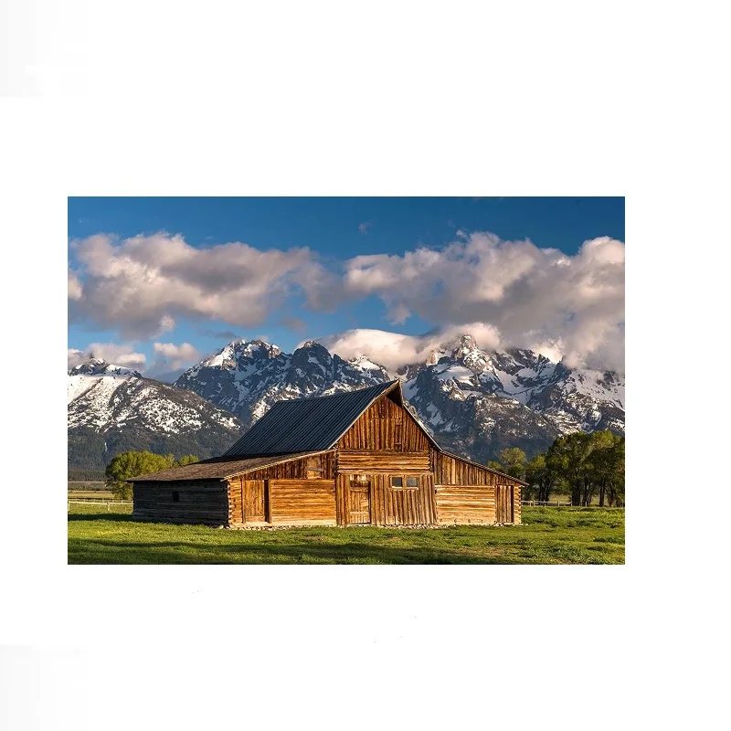 Rural Wooden Barn Below Grand Teton Mountains Photo , Art Picture Print Canvas Poster Home Wall Decor