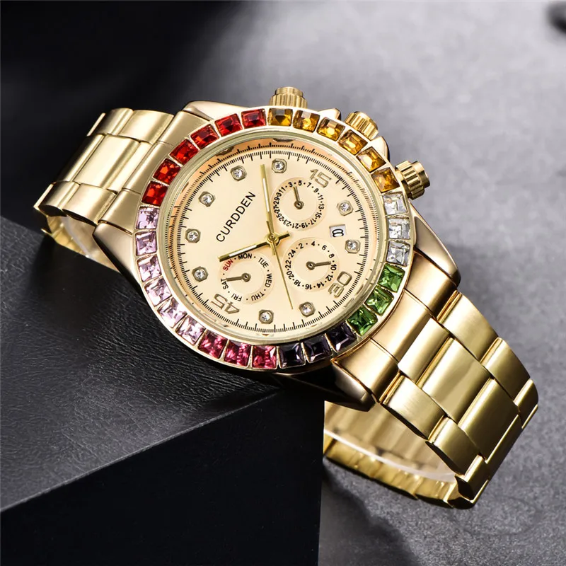 Men Brand Golden Watches Students Boys Fashion Full Stainless Steel Band Diamond Date Quartz Watch Reloj Hombre Acero Inoxidable