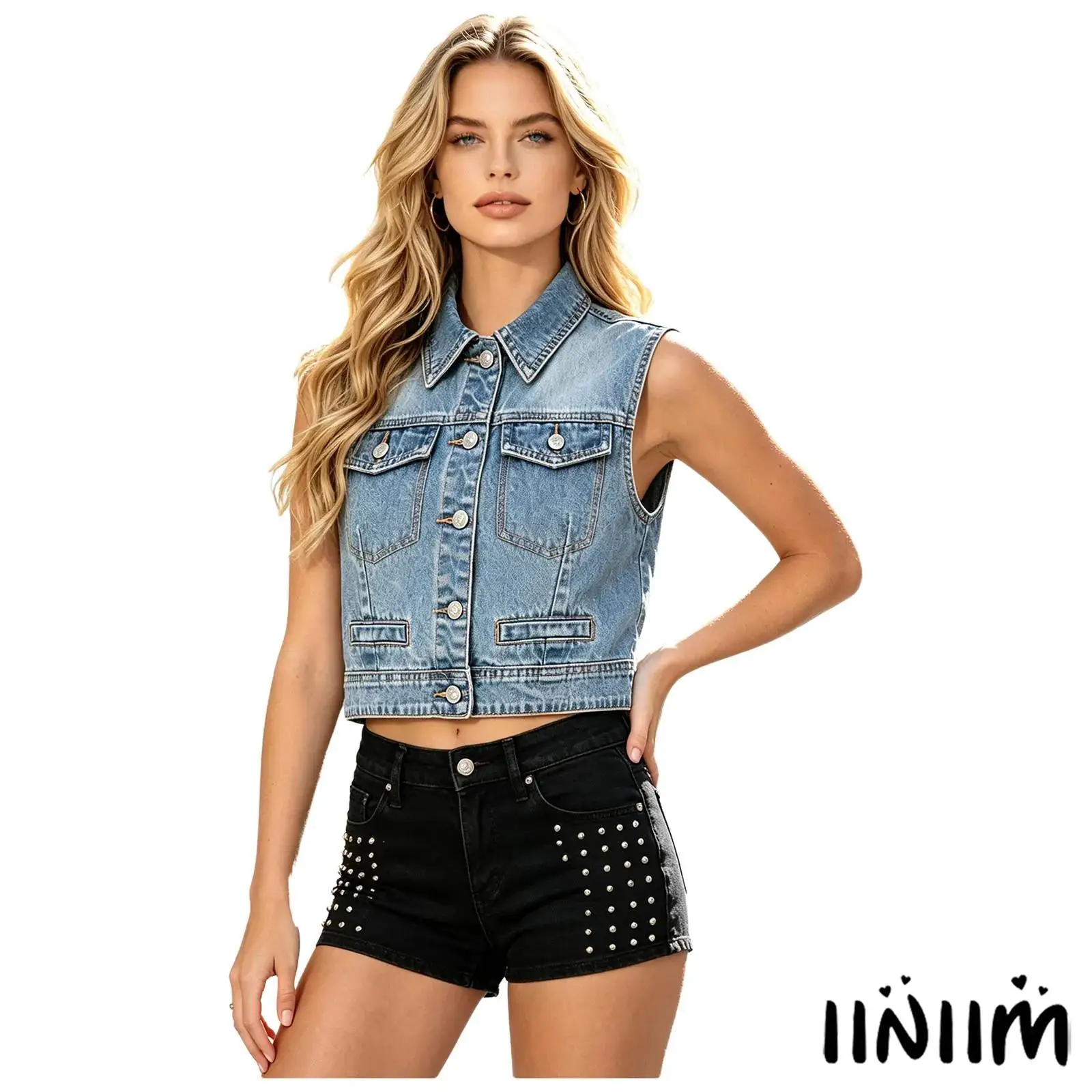 Womens Fashion Denim Crop Top Top Front Button-down Lapel Sleeveless Distressed Jean Vest Tank Top for High Street Casual Wear