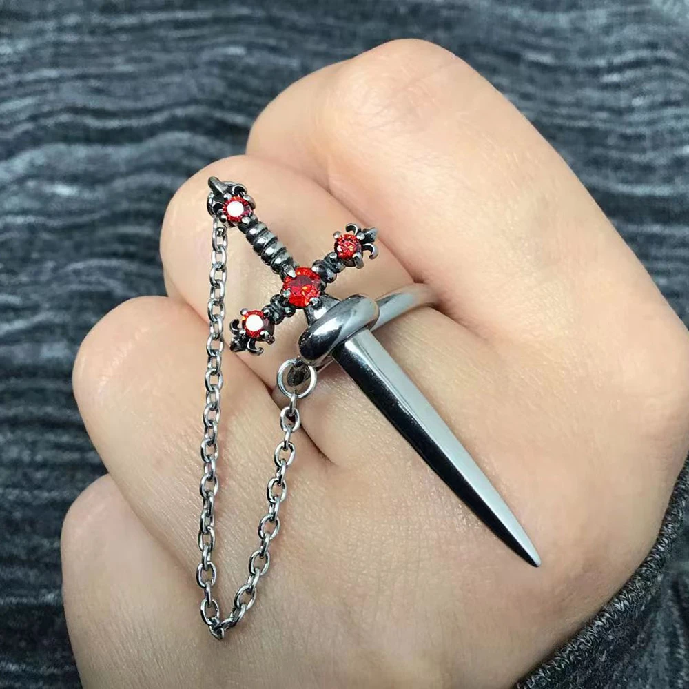 Kinitial Retro Sword Rings Cute Detachable Chain Linked Finger Rings Knight Templar Crusade Cross Ring Men Amulet Jewelry Gift