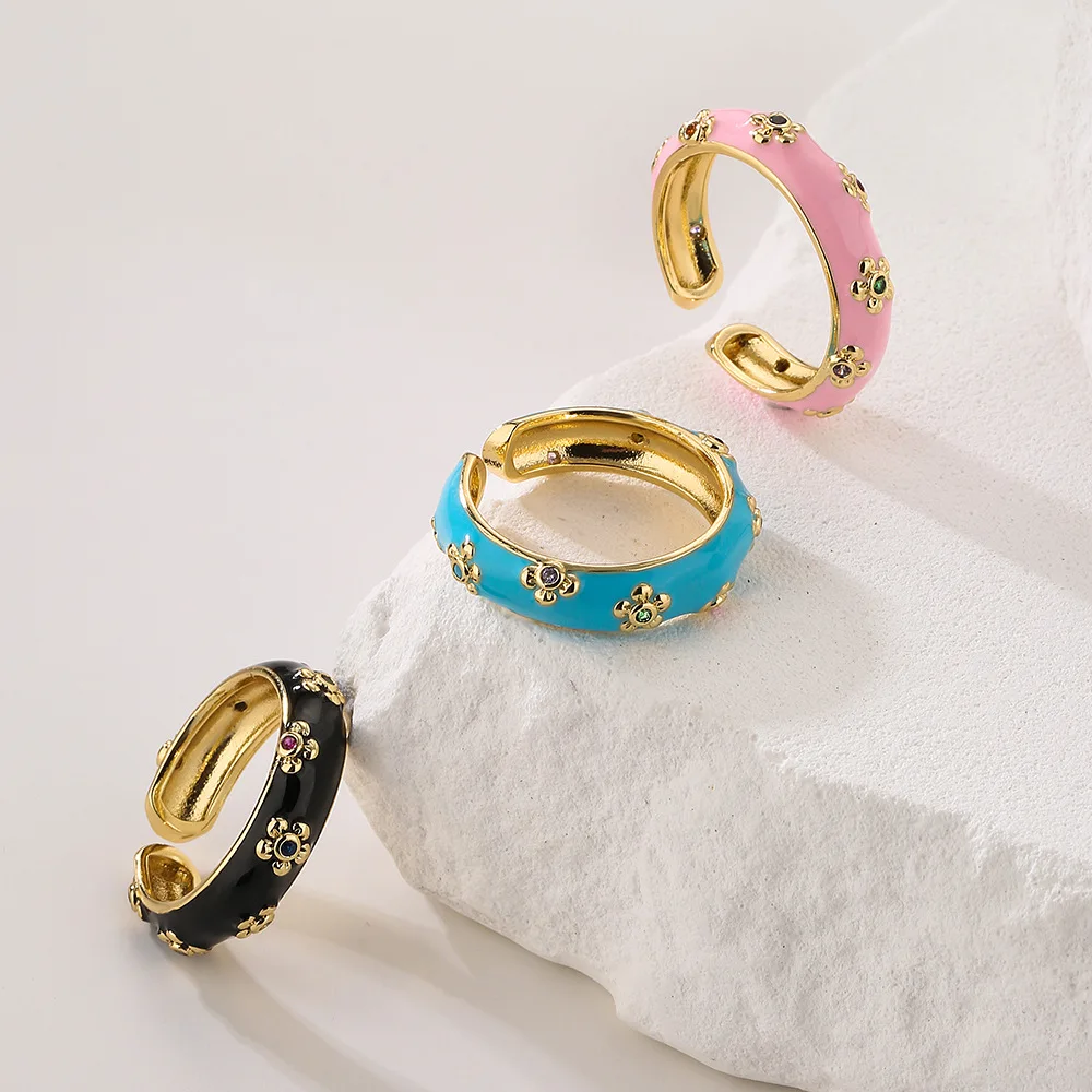 Fresh Design Enamel 7 Candy Colors Oil Dripping Flower Shape Bohemian Adjustable Ring For Women Girls Party Wedding Jewelry