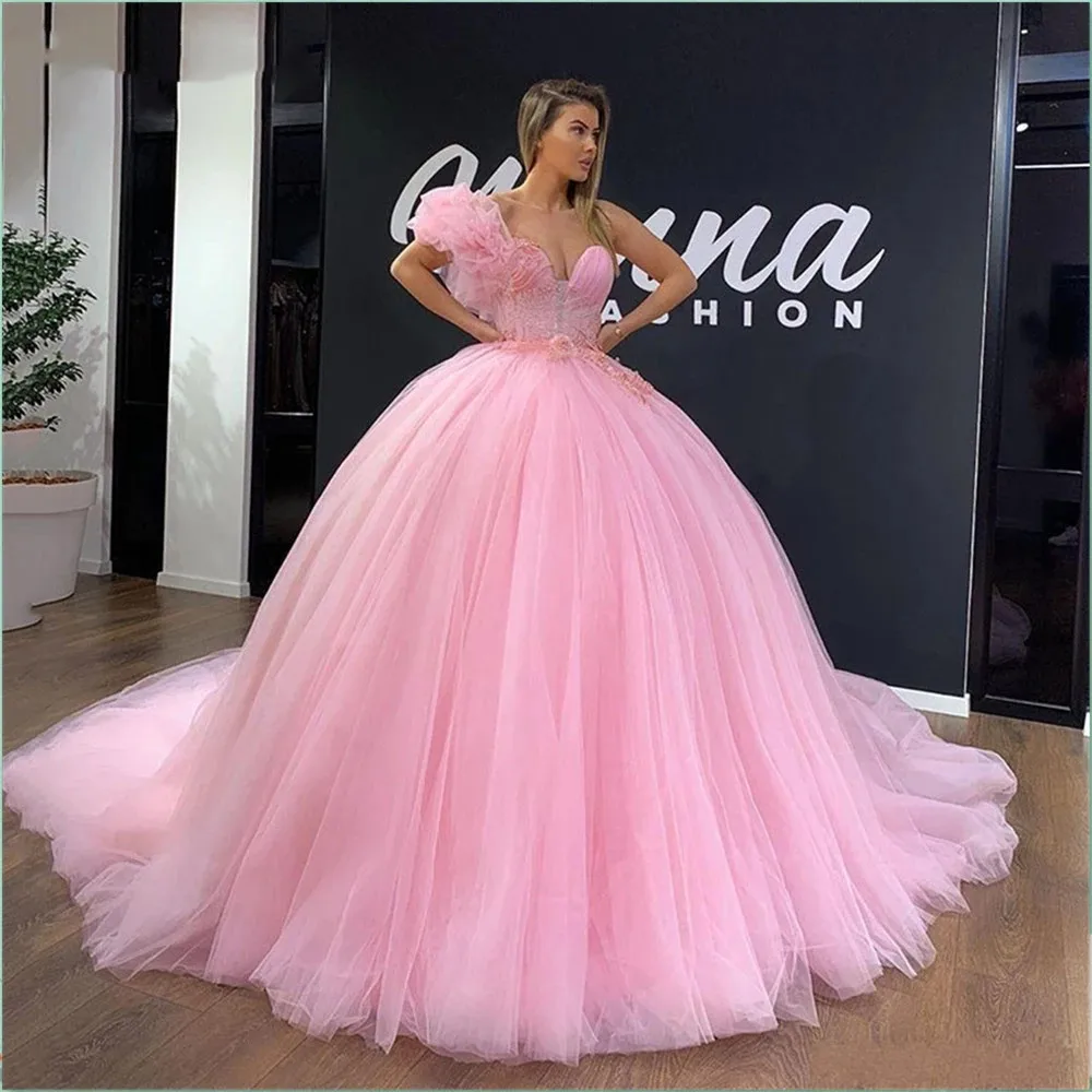 

Розовые платья для девочек на Quinceanera, бальные платья принцессы, вечерние платья с бисером, 2025, на шнуровке сзади, из тюля, Robe De Soiree, на заказ