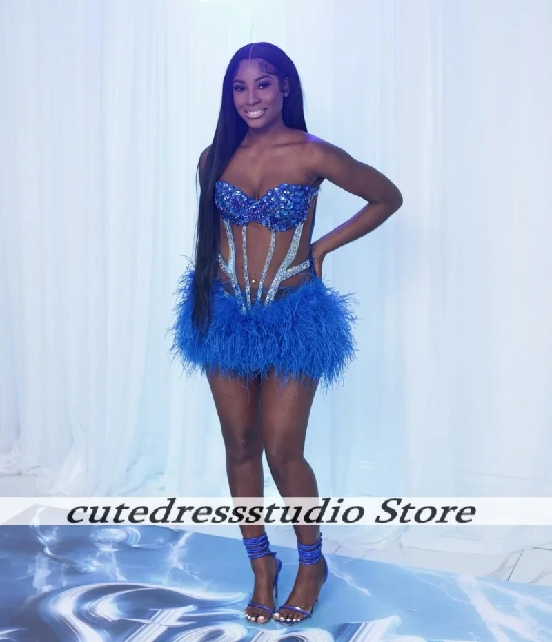 Blue Beaded Crystals Strapless Mini Birthday Dresses For African Girls Transparent Cocktail Dress Feather Prom Gowns Customized