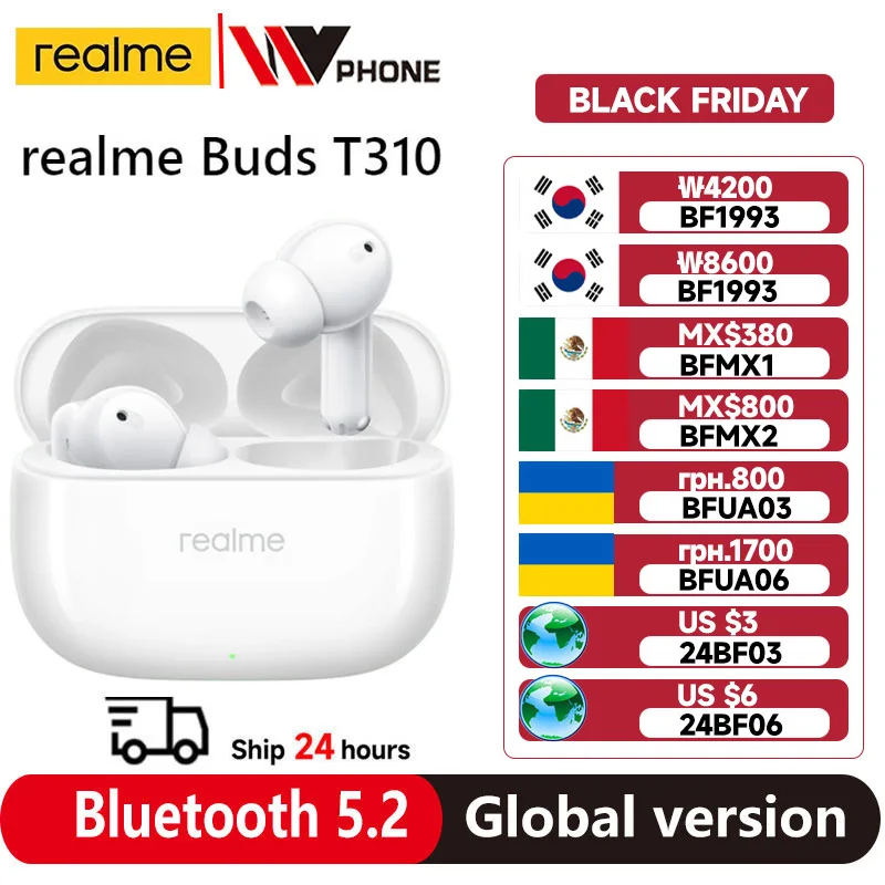 Global Versie realme Buds T310 Echte Draadloze Oortelefoon 46dB Actieve Ruisonderdrukkende TWS Oortelefoon Bluetooth 5.4 Voor realme telefoon