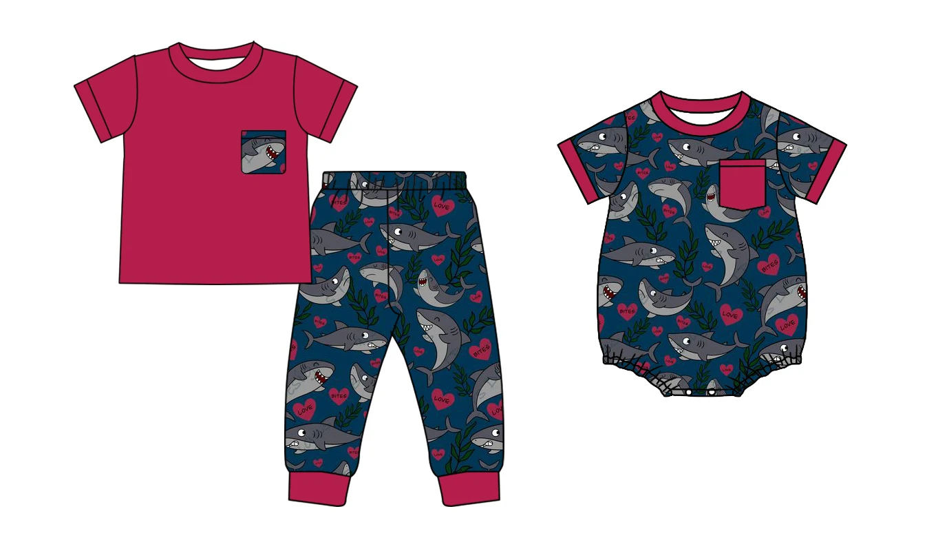 Submarine series cute shark print boy short sleeve pants suit baby onesie brothers boutique wholesale