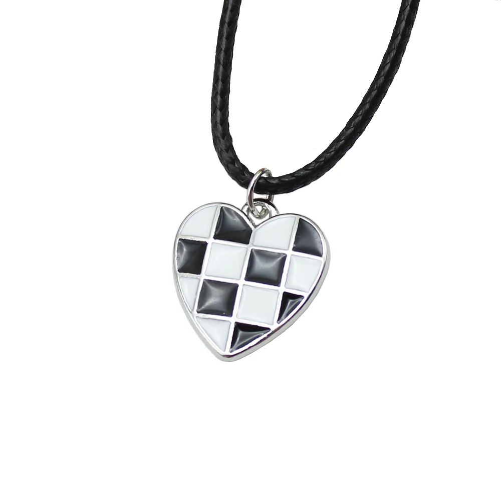 Glaze Black and White Chessboard Heart Shape Short Pendant Choker Chain Necklace for Women Black Leather Braid Wax Cord Jewelry