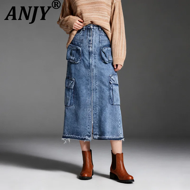 ANJY Spring Autumn New Women Trendy Stylish Multi-Pocket Patchwork Denim Skirt fashion Versatile Split Frayed Edge Skirts A19959