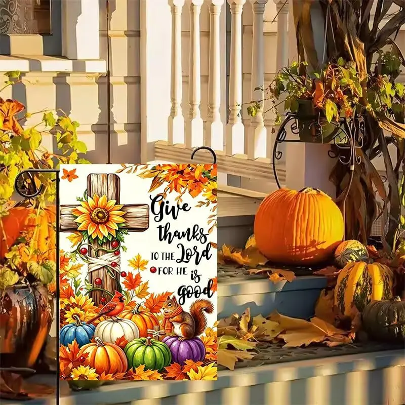 Fall Thanksgiving Garden Flag for Outside 12x18 Inch Double Sided | Bright Vivid ,Give Thanks to the Lord Cross Pumpkin Yard kkz