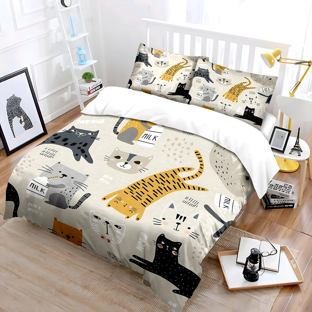 Cute cartoon cats and milk bottles Pattern Duvet Cover Set Digital Print Polyester Bedding with Zipper Closur for kids gifts