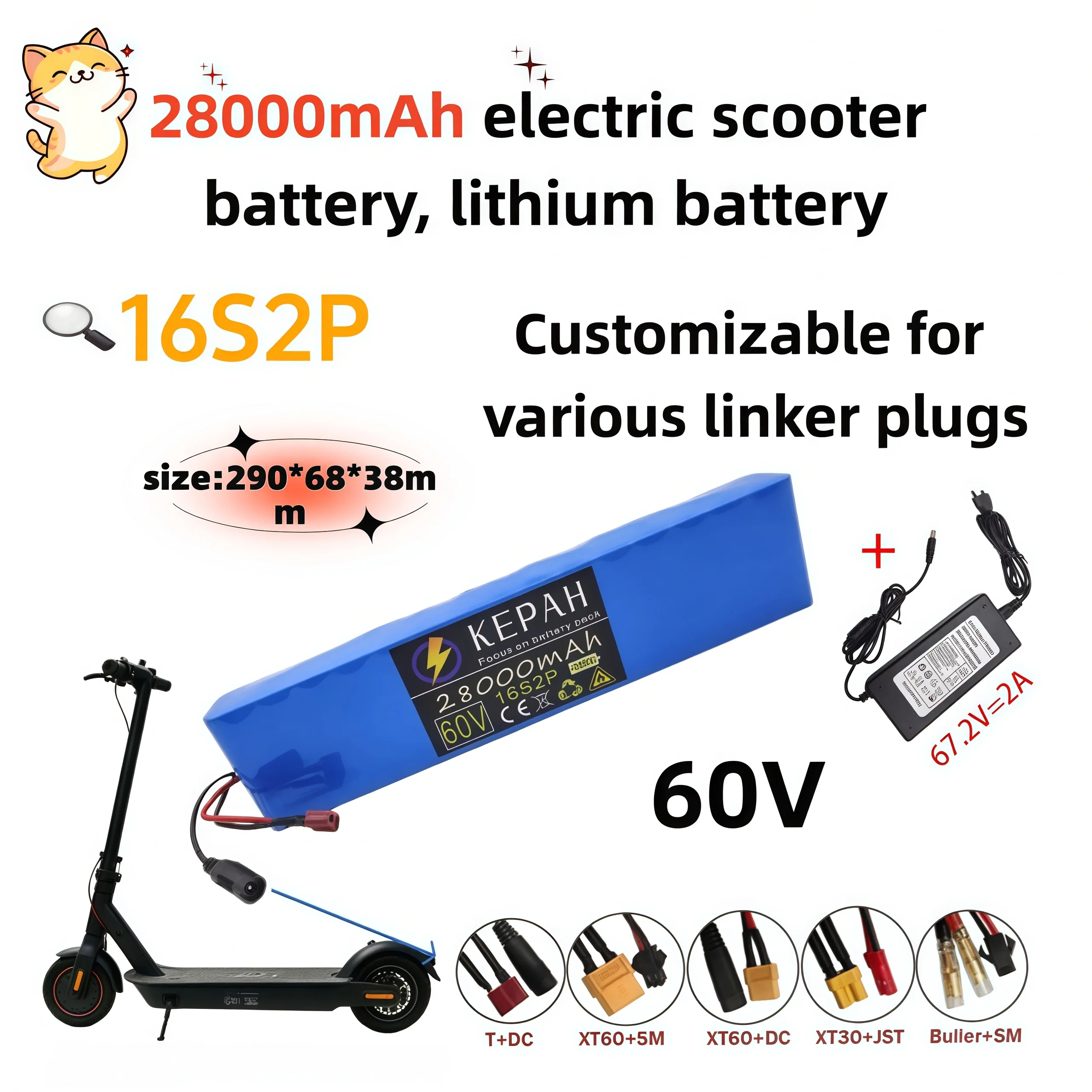 Electric Scooter Bicycle Battery 60V 16S2P 28000mAh 18650 Rechargeable Li-ion Pack 67.2V Integrated BMS Plus Special Charger