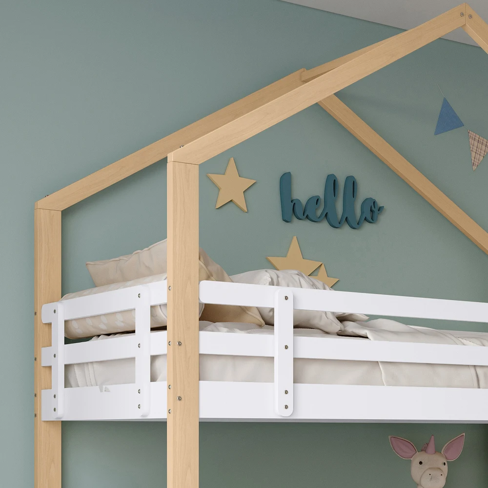 PINGGO Naturweißes Holzhausbett 90x200+90x190cm Kinder-Etagenbett mit Rutsche, Treppe, 3 Schubladen, Sicherheitsgeländer, ohne Matratze – Detail 19