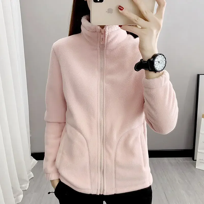 Hiking Polar Jacket Outdoor Fleece Women Coral Fleece Polar Coat Warm  Velvet Thick Stand-up Collar Cardigan Sweatshirt Men