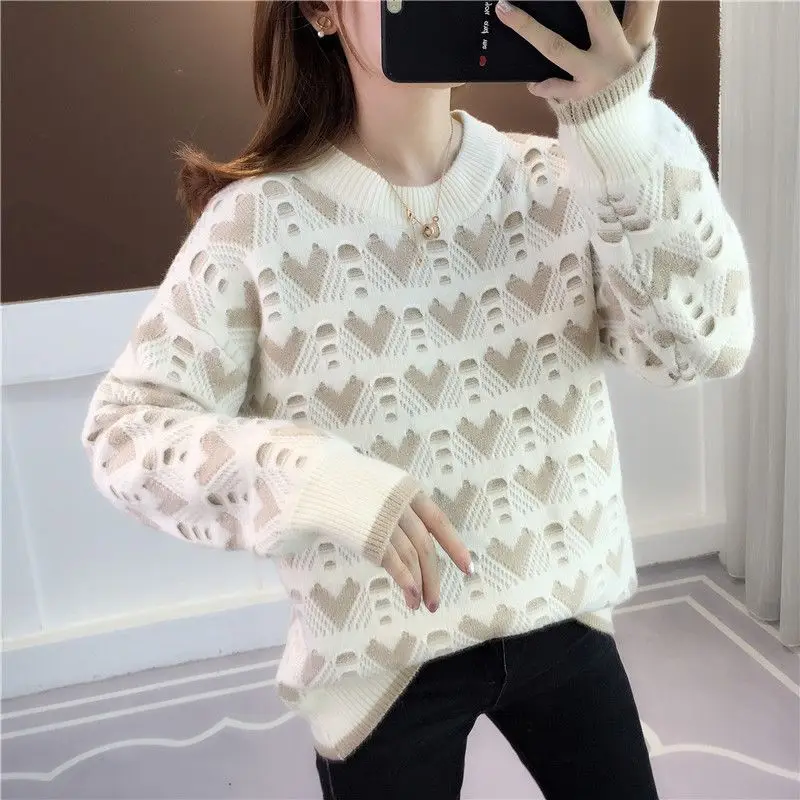 Autumn Winter Clothes New Crew Neck Fashion Trend Geometric Long Sleeve Pullovers Thickening/thin Loose Knitted Women\'s Sweaters