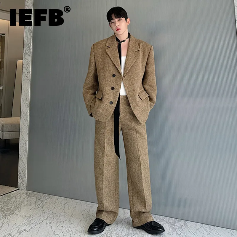 IEFB Autumn Winter Woolen Two-piece Set Temperament Casual Men Clothing Single Breasted Suit Jacket Straight Pants 2024 9C7578