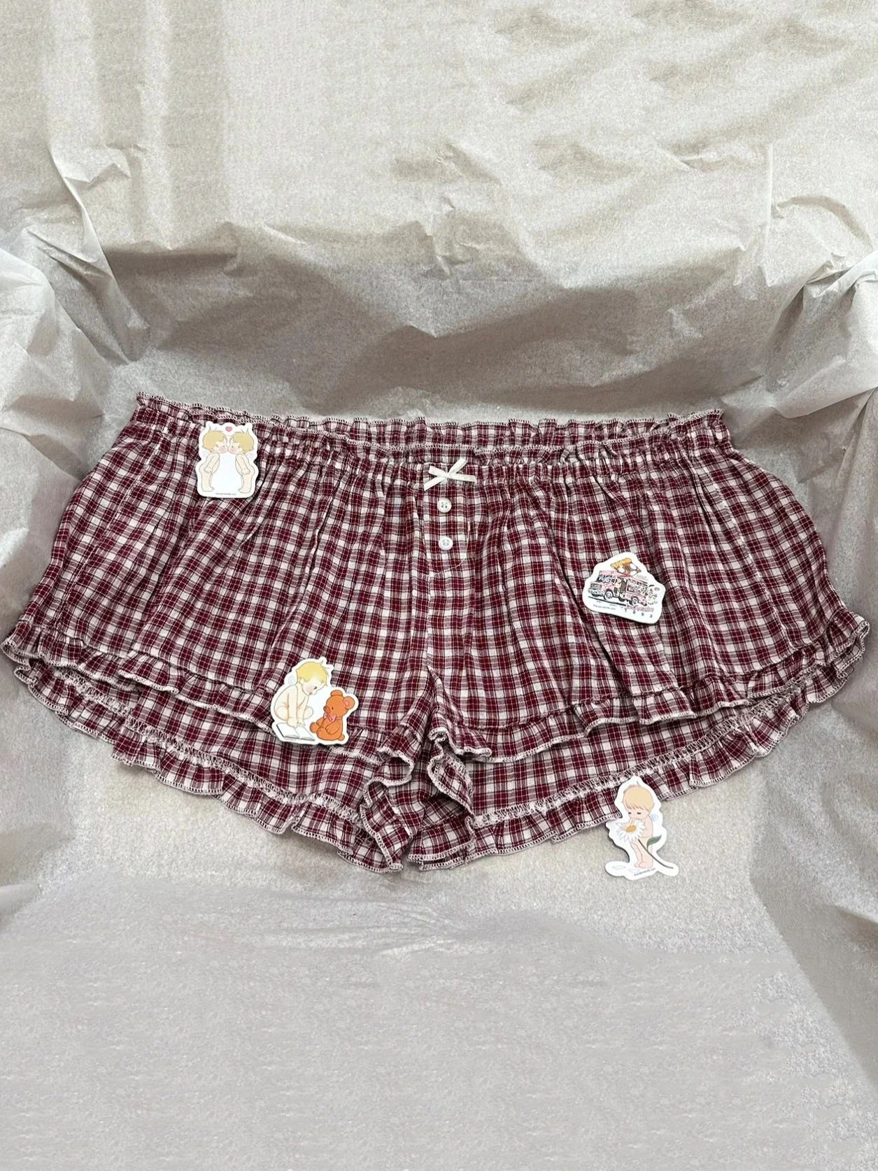 Red Plaid Ruffles Shorts Woman Summer Buttons Bow Elastic Low Waist Cotton Straight Pant Casual Sweet Preppy Style Short Pants