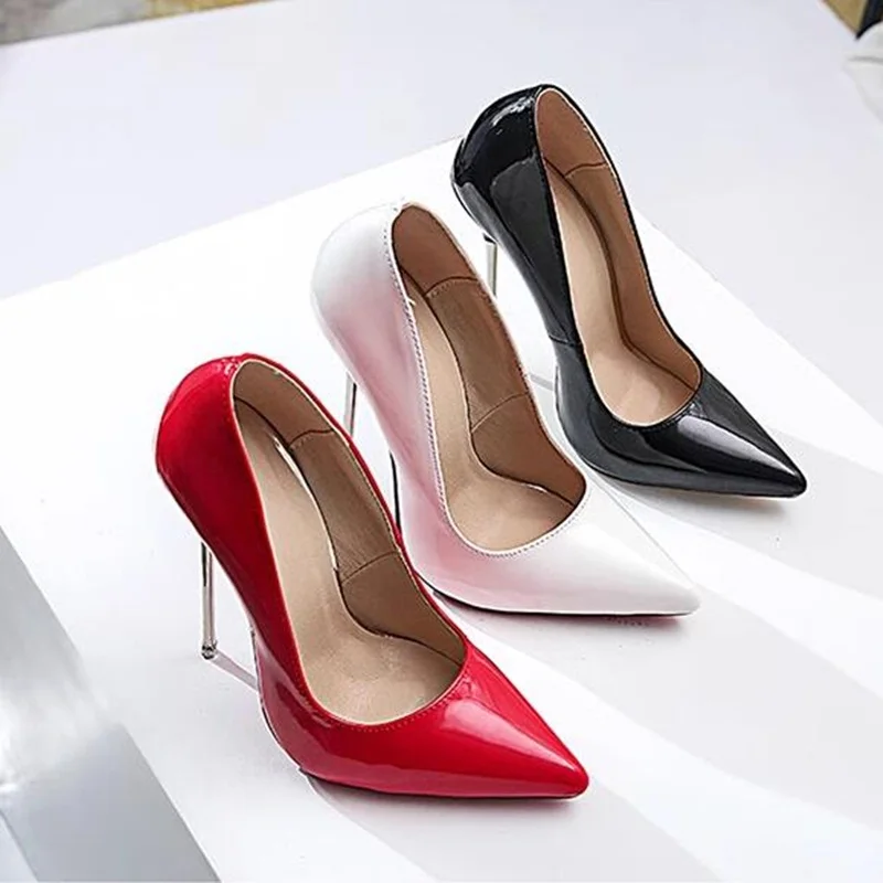 13CM Metal Stiletto High Heels Pump Black Red Patent Leather Pointed Toe T Stage Show Shoes Slip On Evening Heels Club Footwear