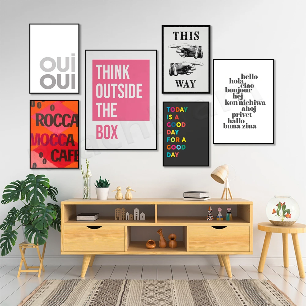 Rocca Mocca cafe, think outside the box, hello translation, today is a good day - light, OUI OUI, this way - typography poster