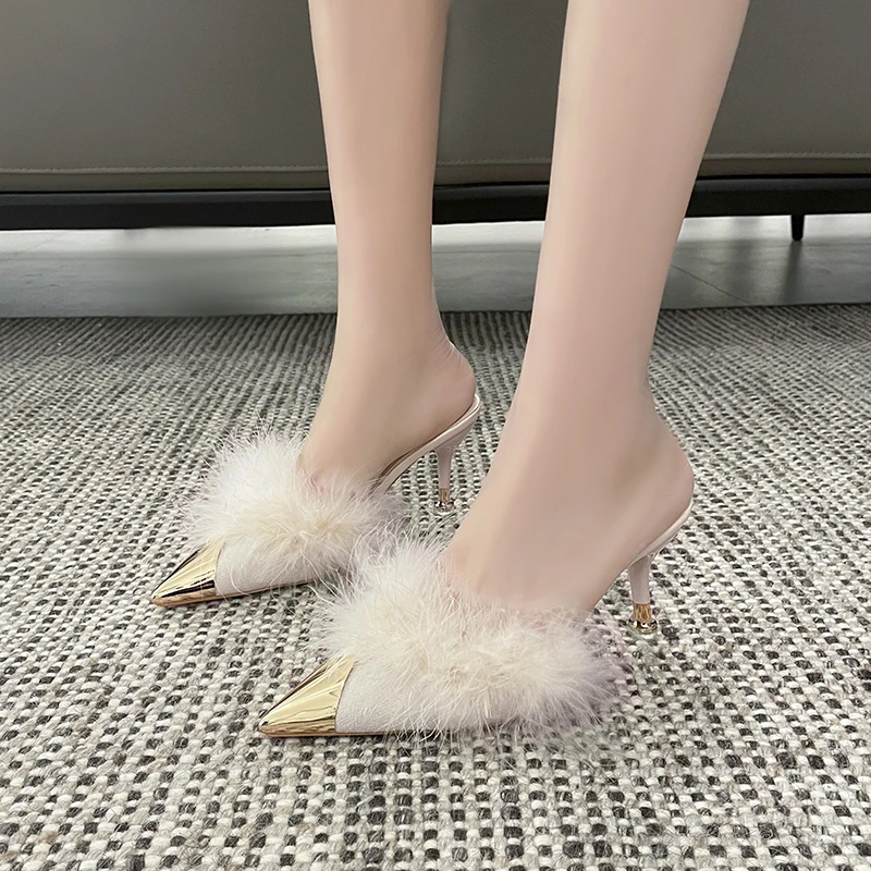 Metal Pointed Toe Stiletto Furry Slippers Female Fashion Slides Feather Half Slippers Sweet Temperament High Heels Small Size 33