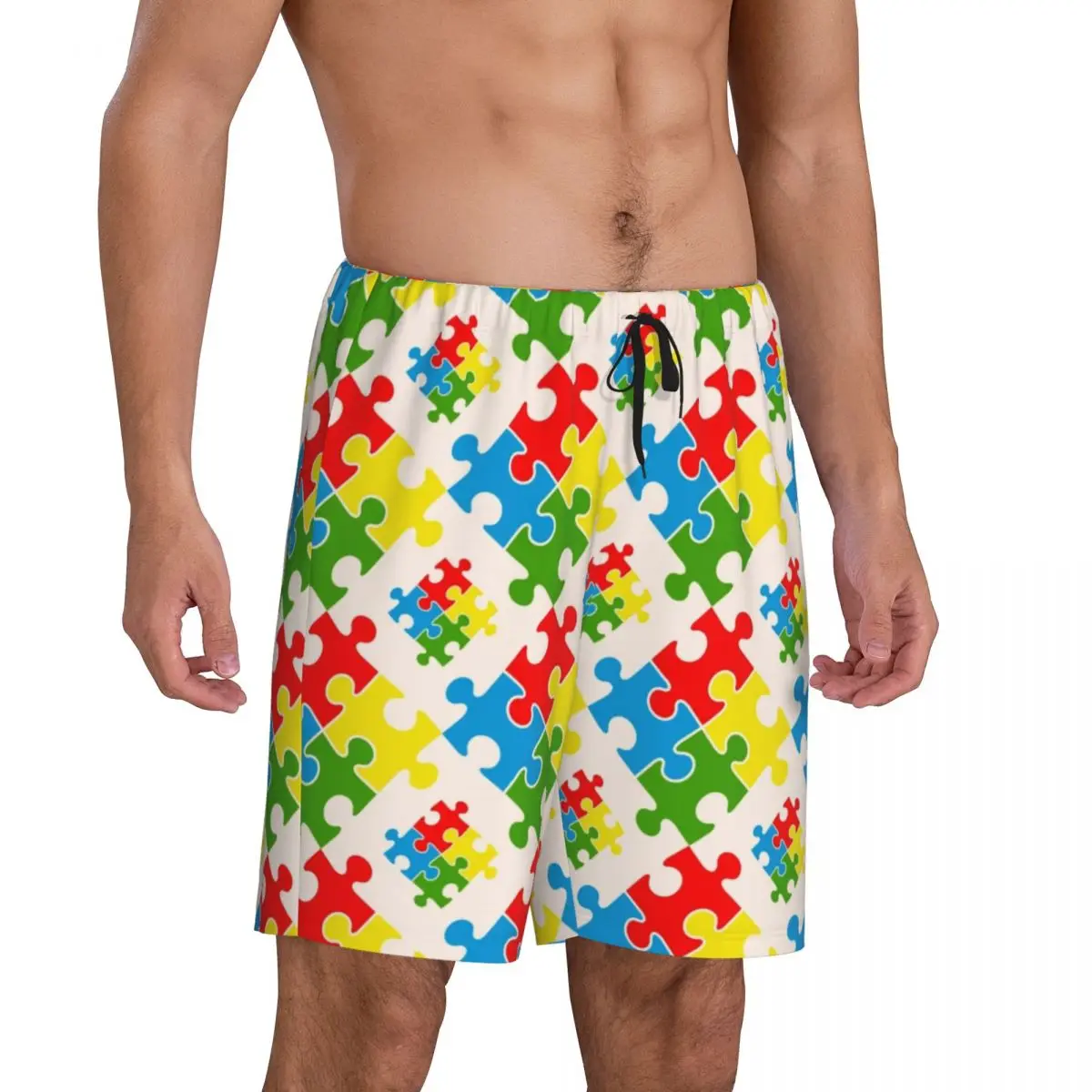 Custom Printed Men's Colorful Puzzle Autism Awareness Pattern Pajama Bottoms Sleepwear Pjs Sleep Shorts with Pockets