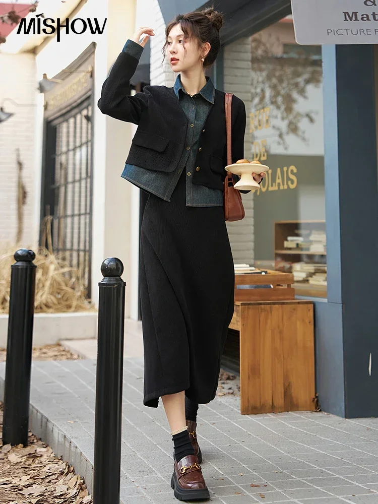 MISHOW Women\'s Vintage Denim Patchwork Two-piece Set Autumn Winter Fashion Coat A-line Skirt Separately Suit MXC52W0211