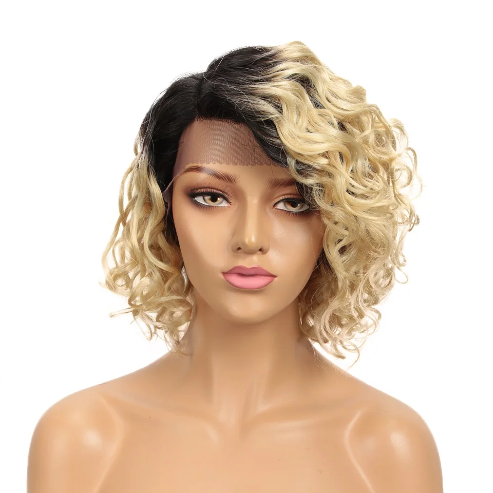 Lekker Blonde Short Wavy Bob HD Part Lace Front Human Hair Wig For Women Brazilian Remy Hair Ombre Colored Glueless Curly Wigs