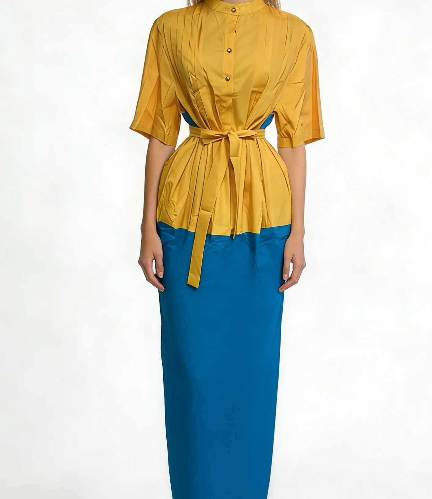 

New summer fashion women's long dress with button-down short sleeves and pleats.-GZXX038