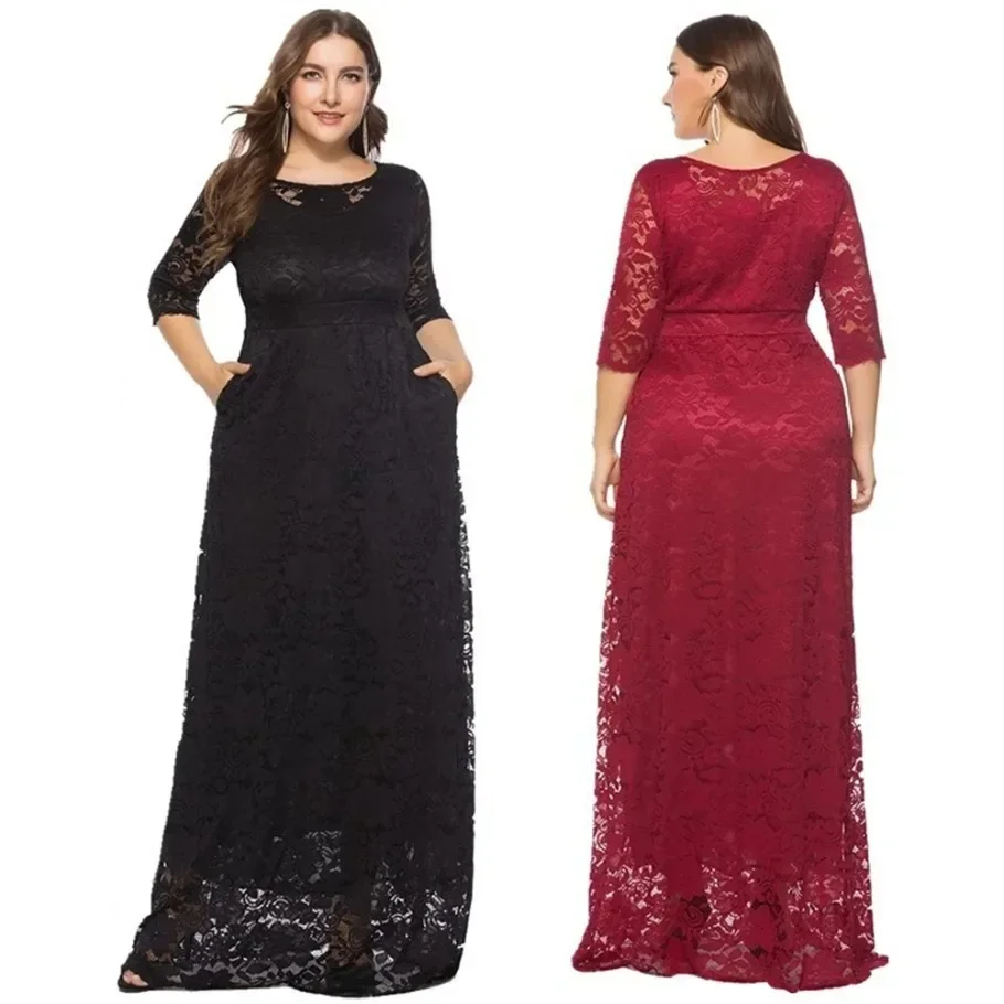 2024 Spring Hot Sale European And American Style Plus Size Hollow Out Lace Floor Length Dress For Women