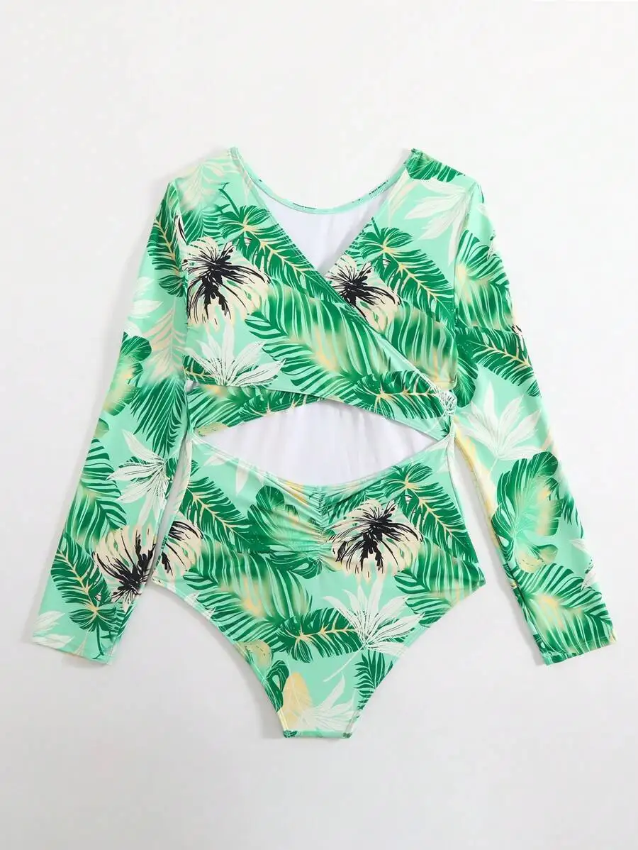 

Tropical Print Long Sleeve One Piece Swimsuit For Women