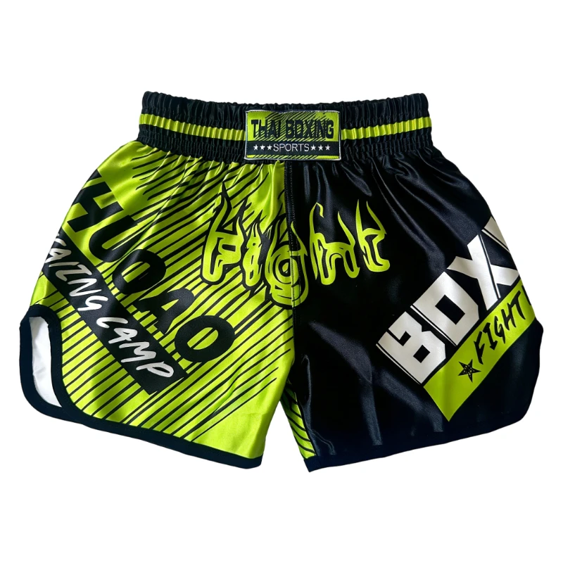 Muay Thai Shorts Klassische Thai-Boxshorts mit Flammen-Stickerei aus Satin für Männer, Frauen und Kinder, Gym Kampfsport MMA Kickbox-Trainingshosen