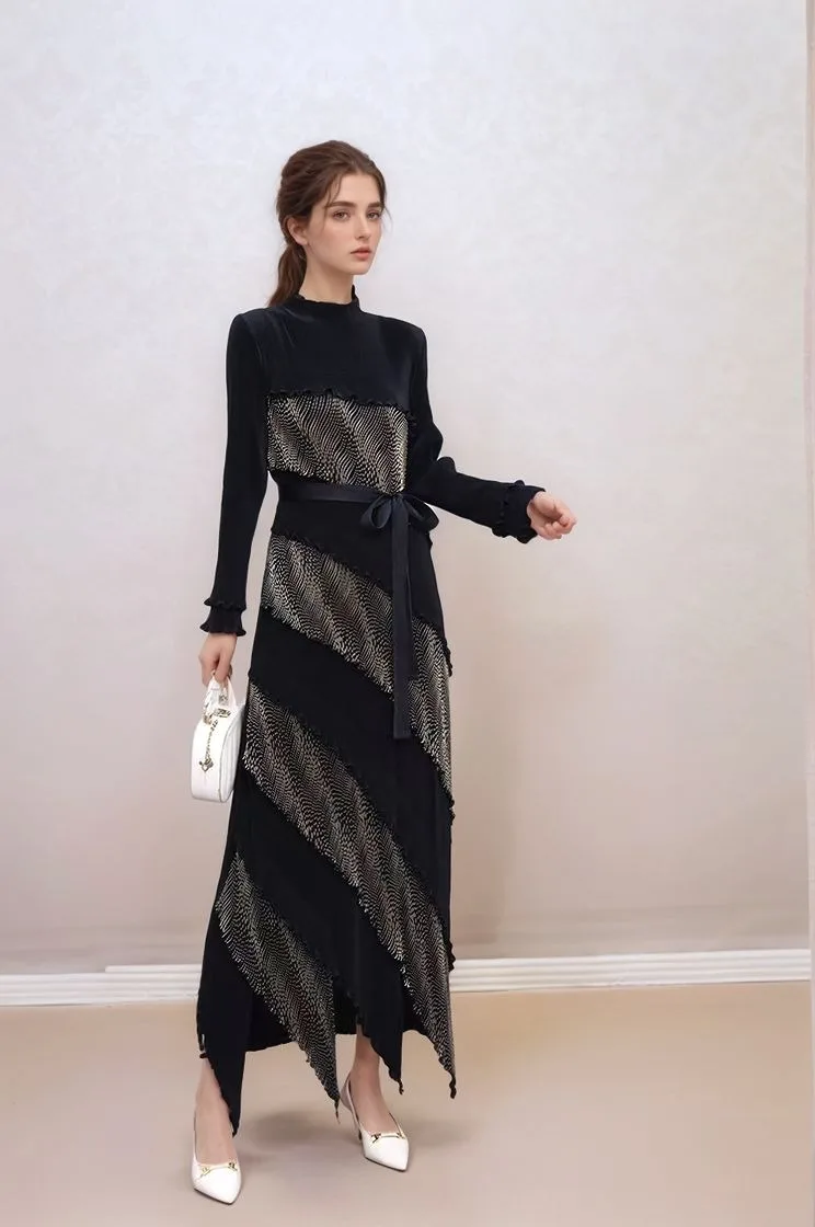 فستان ماكسي مطوي للنساء بأكمام طويلة وكشكشة متدرجة للحفلات المسائية فستان بوهو أنيق للحفلات المسائية