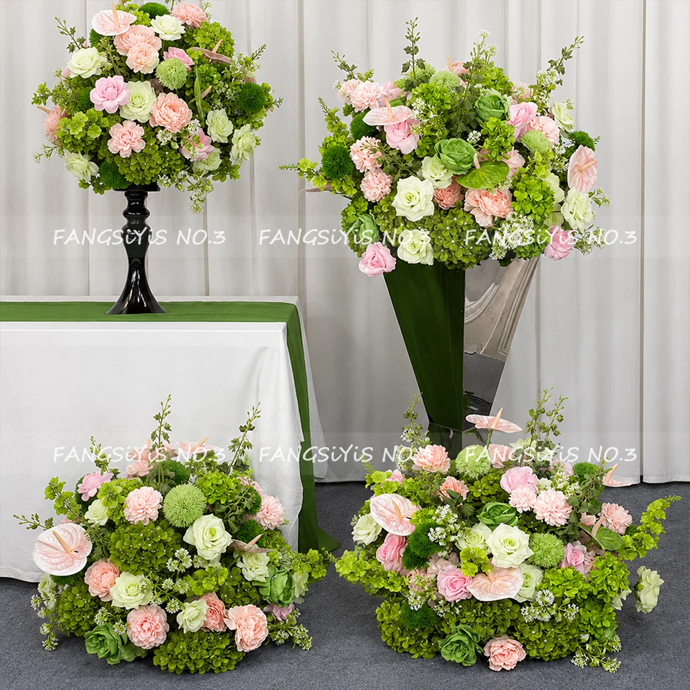 Pink Green Artificial Hydrangea Rose Anthurium Arrangement Wedding Table Centerpiece Floral Runner Party Backdrop Banquet Decor - view 5