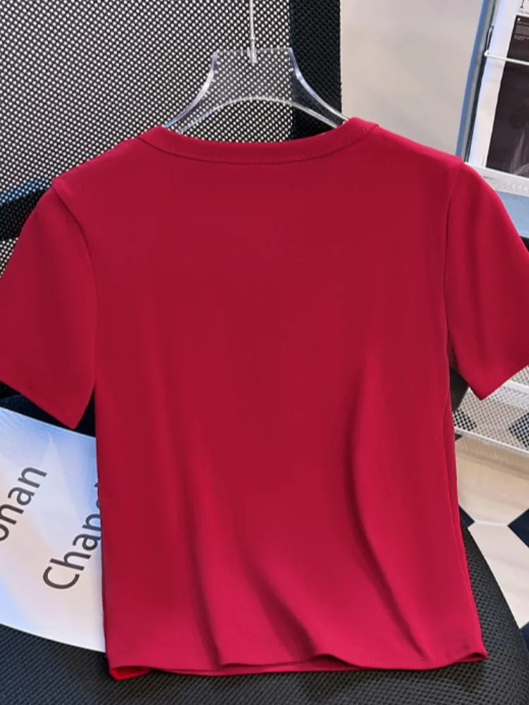 Zomer ort Sve U-Ne T-shirt Dames Puur Katoen Slim Fit ort Lengte Print Top Koreaanse Sle Pendelen Faion